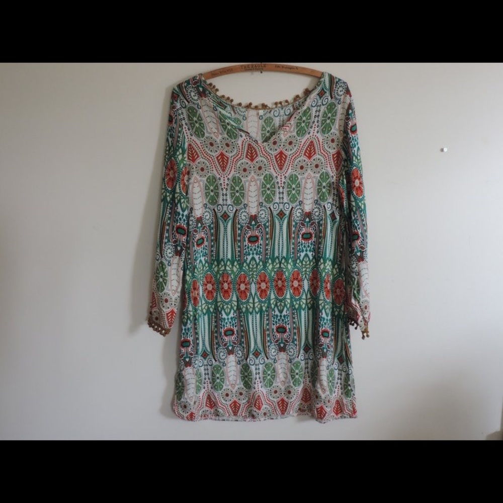 70's Style Tassle Trim Flower Hip 3/4 Length Sleeve Size Medium Dress